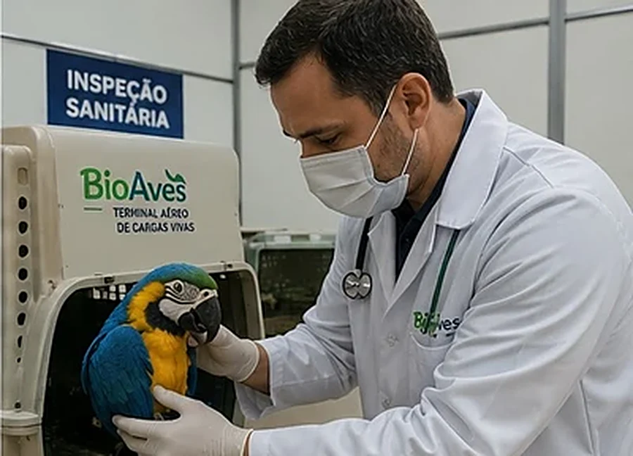 Médico veterinário realizando inspeção sanitária de ave viva